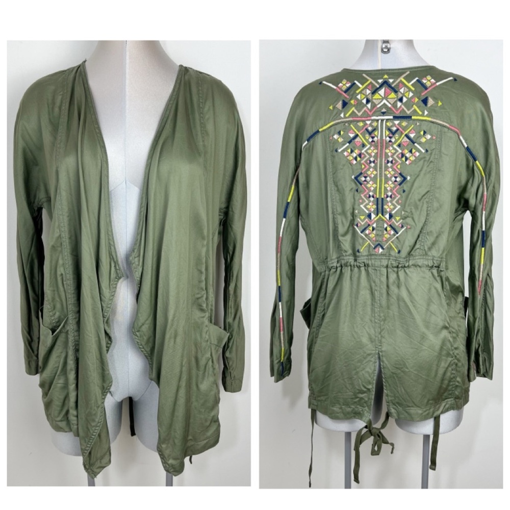 Jessica Simpson Blazer Finn Draped Embroidered Jacket Size Small Olive Lagenlook